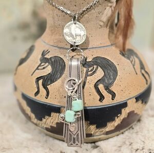 Native American style handmade unisex necklace buffalo turquoise sterling plate